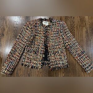 L’AGENCE Angelina Jacket Plaid Tweed Fringe Trim Open Front Multi Size 2 New